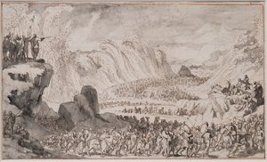 Moses Parting the Red Sea (giz, caneta e tinta e papel) de Caspar Luyken